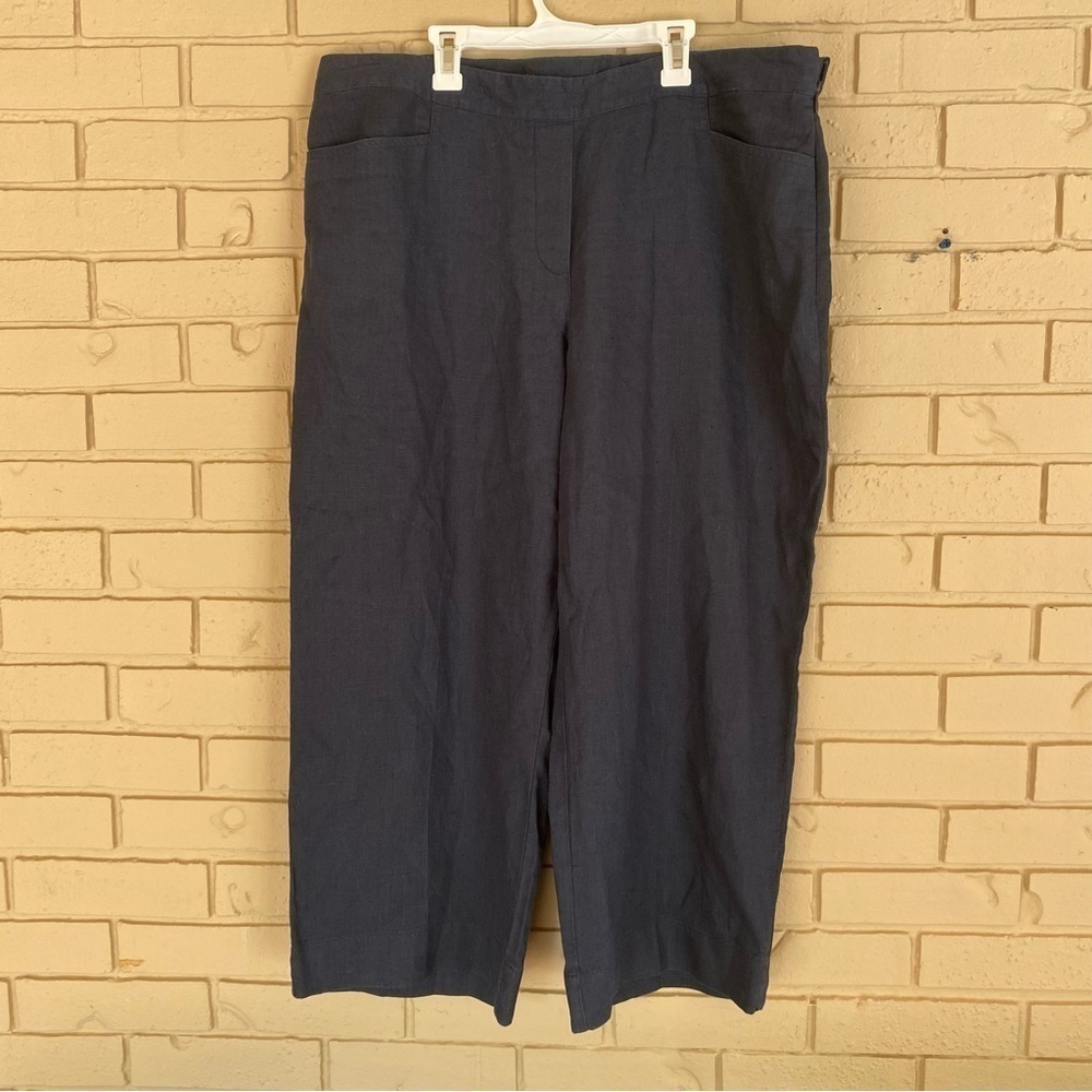 J Jill Love Linen Pants Size Large L Wide Leg Pockets Navy Pull On